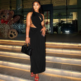 Women Backless Sexy Elegant Solid Dress with Irregular High Neck Slit