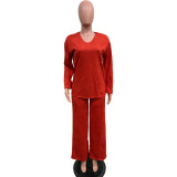 Women Solid Long-Sleeved Slit Two-Piece Set