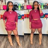 Women Long-Sleeved Solid Bodycon Skirt Two-Piece Set