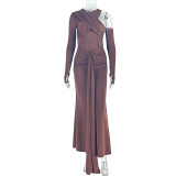 Women Solid Pleated One-Shoulder Lace-Up Cutout Round Neck Bodycon Dress