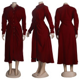Women Sexy Lace-Up Buttoned Long-Sleeved Dress