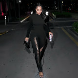 Women Fall/Winter Long-Sleeved Sexy Cutout Lace-Up Jumpsuit
