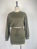 Women Long-Sleeved Solid Bodycon Skirt Two-Piece Set