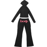 Women Fall/Winter Hooded Letter Print Zipper Top and Pants Two-Piece Set