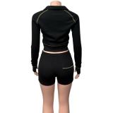Women Waffle Color-Contrast Patchwork Top and Drawstring Shorts Two-Piece Set