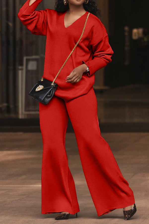 Women Solid Long-Sleeved Slit Two-Piece Set