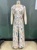 Women autumn printed short-sleeved wide-leg jumpsuit