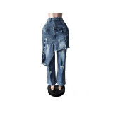 Women Casual Fashion Stretchy Apron Denim Ripped Pant