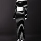 Women Fall/Winter Striped Off-Shoulder Crop Top and Skirt Two-Piece Set