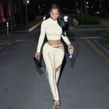 Women Fall/Winter Long-Sleeved Sexy Cutout Lace-Up Pants Two-Piece Set