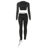 Women Fall/Winter Long-Sleeved Sexy Cutout Lace-Up Pants Two-Piece Set
