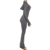 Women Fall/Winter Hooded Letter Print Zipper Top and Pants Two-Piece Set