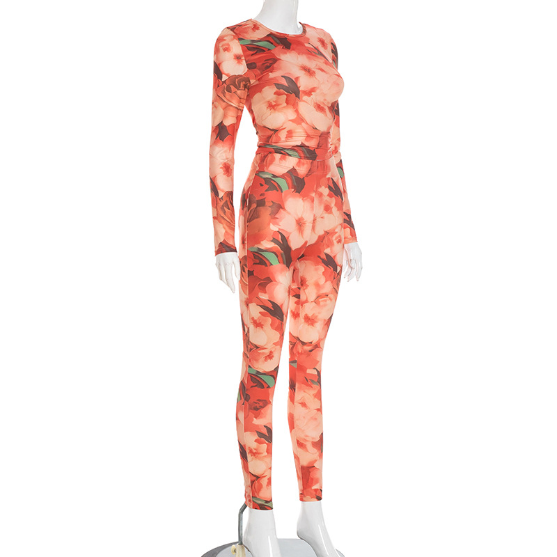 Women Fall/Winter Round Neck Floral Print Long-Sleeved Top and Pants Two-Piece Set