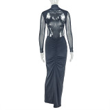 Women Slash Solid Turtleneck Mesh See-Through Long Sleeve Bodycon Dress