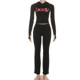 Women Fall/Winter Hooded Letter Print Zipper Top and Pants Two-Piece Set