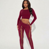 Women Fall/Winter Long-Sleeved Sexy Cutout Lace-Up Pants Two-Piece Set