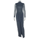 Women Slash Solid Turtleneck Mesh See-Through Long Sleeve Bodycon Dress