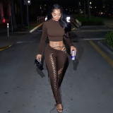 Women Fall/Winter Long-Sleeved Sexy Cutout Lace-Up Pants Two-Piece Set