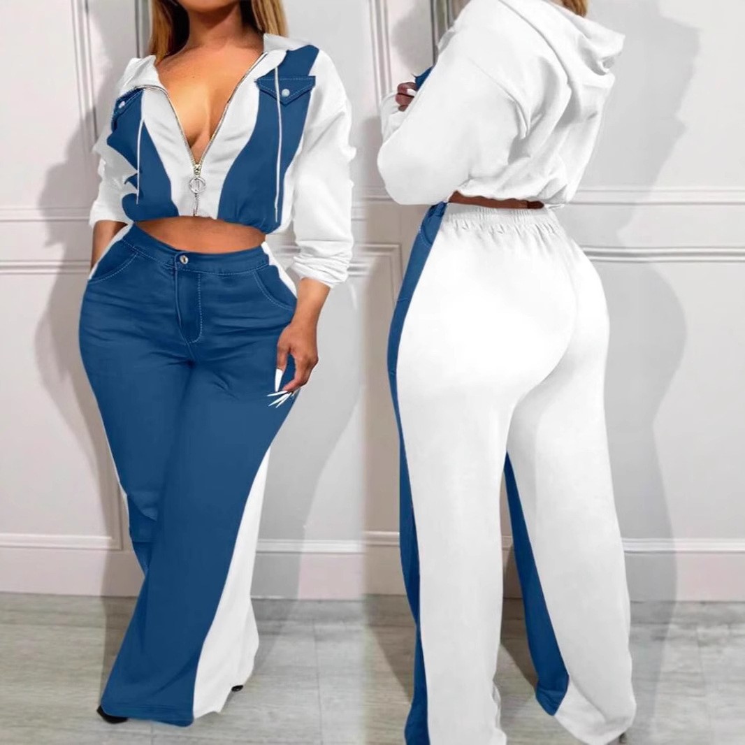 Women Sporty Casual Denim Contrast Zippered Jacket and Wide-Leg Pants Two-Piece Set