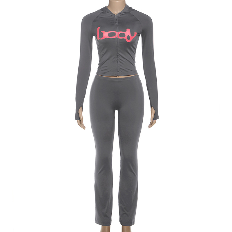 Women Fall/Winter Hooded Letter Print Zipper Top and Pants Two-Piece Set