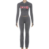 Women Fall/Winter Hooded Letter Print Zipper Top and Pants Two-Piece Set