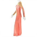 Women Colorblock Print Round Neck Long Sleeve Pleated Bodycon Dress