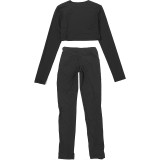 Women Fall/Winter Long-Sleeved Sexy Cutout Lace-Up Pants Two-Piece Set