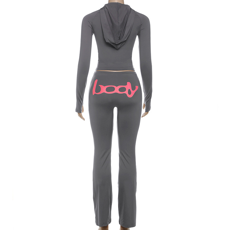 Women Fall/Winter Hooded Letter Print Zipper Top and Pants Two-Piece Set