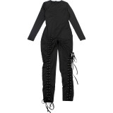 Women Fall/Winter Long-Sleeved Sexy Cutout Lace-Up Jumpsuit