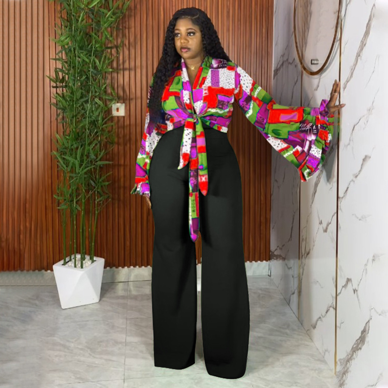 Plus-Size Women Fall Printed Bell Bottom-Sleeve Top and Wide-Leg Pants Two-Piece Set