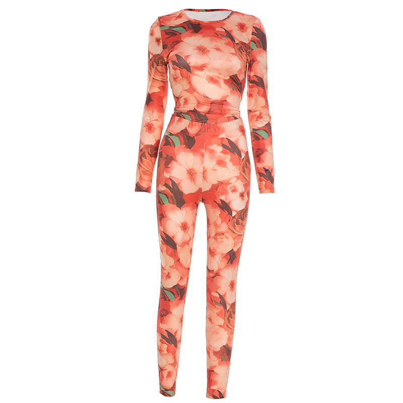 Women Fall/Winter Round Neck Floral Print Long-Sleeved Top and Pants Two-Piece Set