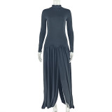 Women Slash Solid Pleated Elegant Turtleneck Long Sleeve Bodycon Dress