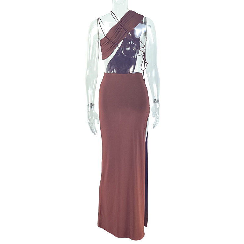 Women Backless Sexy Elegant Solid Dress with Irregular High Neck Slit