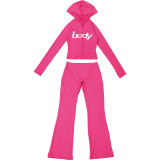 Women Fall/Winter Hooded Letter Print Zipper Top and Pants Two-Piece Set