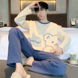 Men's Cotton Pajama Set Long Sleeve Top and Pants Comfortable Sleepwear Casual Home Lounge Wear for Spring and Fall