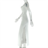 Women's Hollow-Out Fashion Slit Pleated Low Back Cross Halter Neck Solid Long Dress