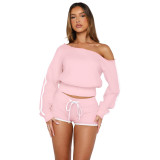Women's Casual Slash Shoulder Long Sleeve Top Drawstring Shorts Two-Piece Set