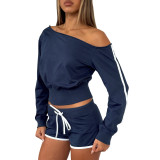 Women's Casual Slash Shoulder Long Sleeve Top Drawstring Shorts Two-Piece Set