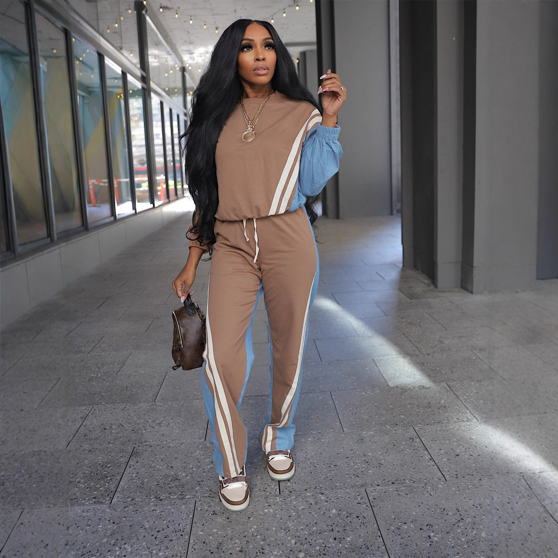 Autumn Winter Sport Color Block Striped Long Sleeve Hoodies Drawstring Pants Two-Piece Set