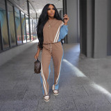 Autumn Winter Sport Color Block Striped Long Sleeve Hoodies Drawstring Pants Two-Piece Set