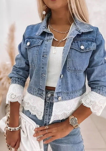 Women's Non-Stretch Multi-Layer Lace Trim Long Sleeve Denim Jacket