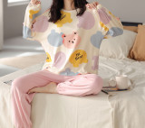 Women's Fall Two Piece Sleepwear Long-Sleeve Cotton Pajama Set Sweet and Cute Pullover Loungewear for Home