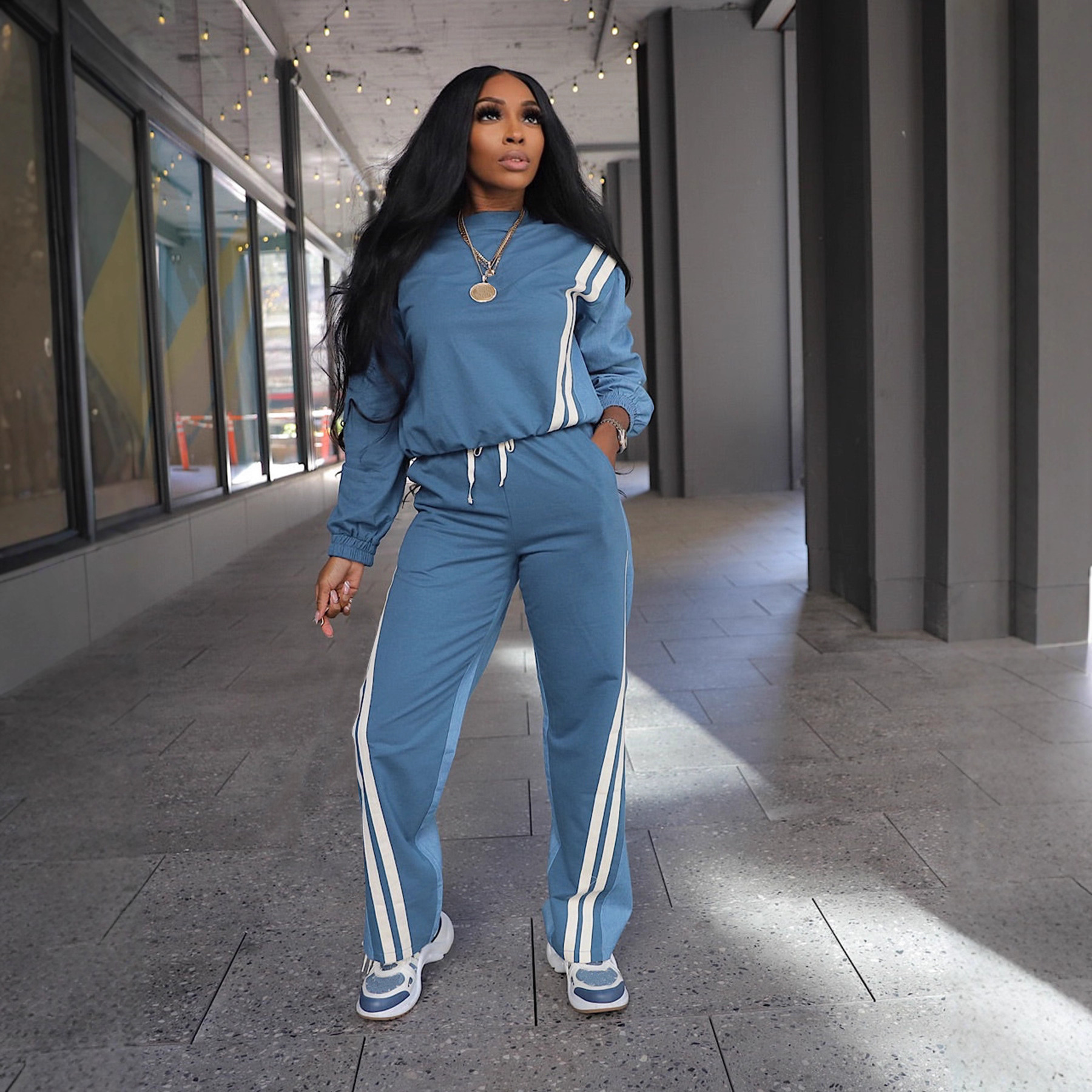 Autumn Winter Sport Color Block Striped Long Sleeve Hoodies Drawstring Pants Two-Piece Set