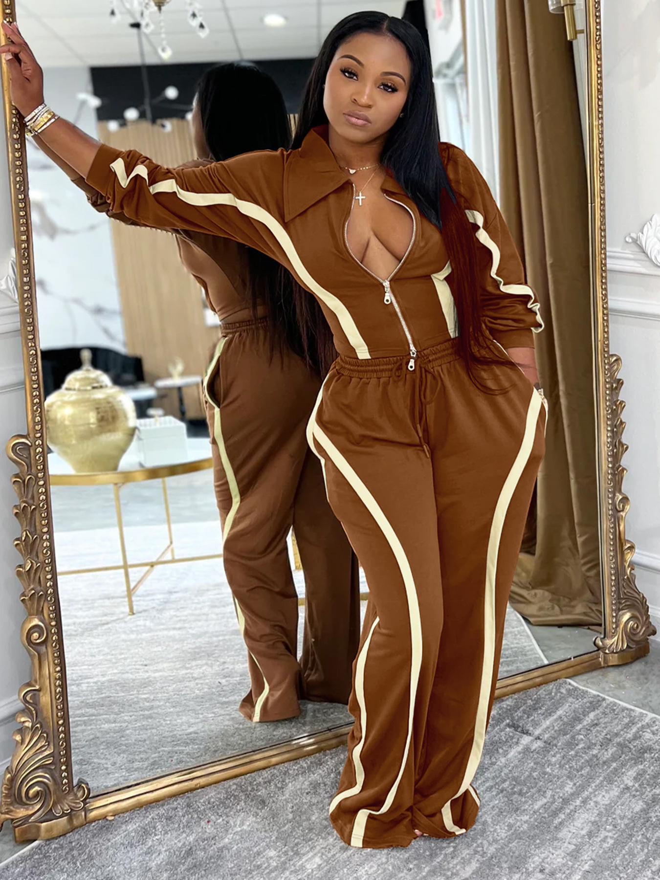 Fashion Women's Striped Patchwork Color Block Zipper Turndown Collar Top Wide Leg Pants Two-Piece Set