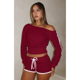 Women's Casual Slash Shoulder Long Sleeve Top Drawstring Shorts Two-Piece Set