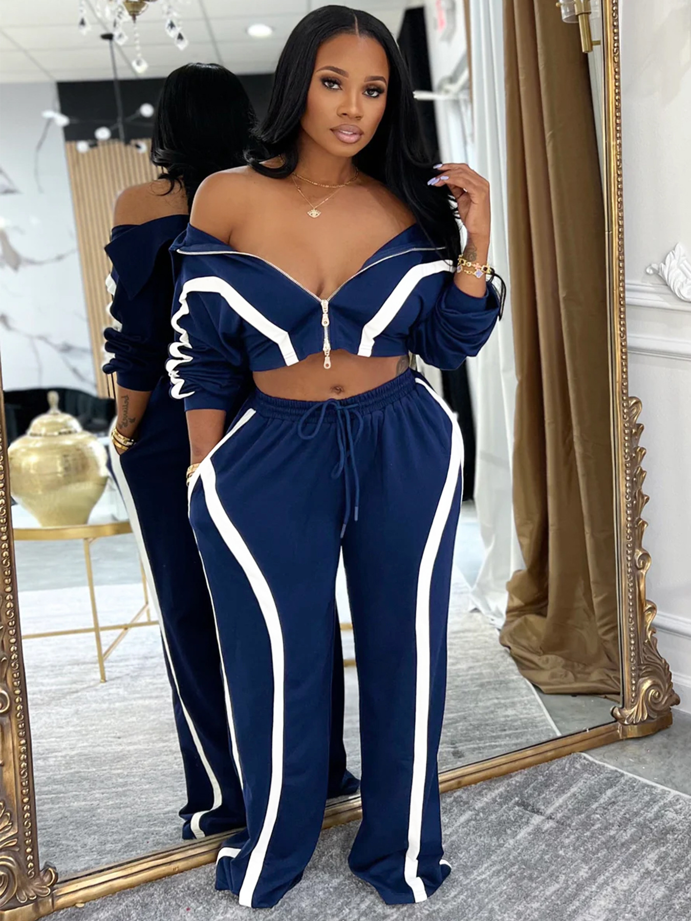 Fashion Women's Striped Patchwork Color Block Zipper Turndown Collar Top Wide Leg Pants Two-Piece Set
