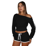 Women's Casual Slash Shoulder Long Sleeve Top Drawstring Shorts Two-Piece Set