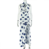Black White Polka Dot Women's Slit Print Irregular High Neck Tie Low Back Dress