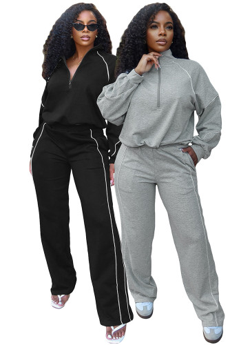 Fashion Women's Buckle Slim Waist Striped Zipper Top Straight Leg Sport Pants Two-Piece Set