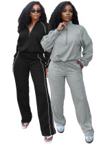 Fashion Women's Buckle Slim Waist Striped Zipper Top Straight Leg Sport Pants Two-Piece Set Fashion Women's Buckle Slim Waist Striped Zipper Top Straight Leg Sport Pants Two-Piece Set